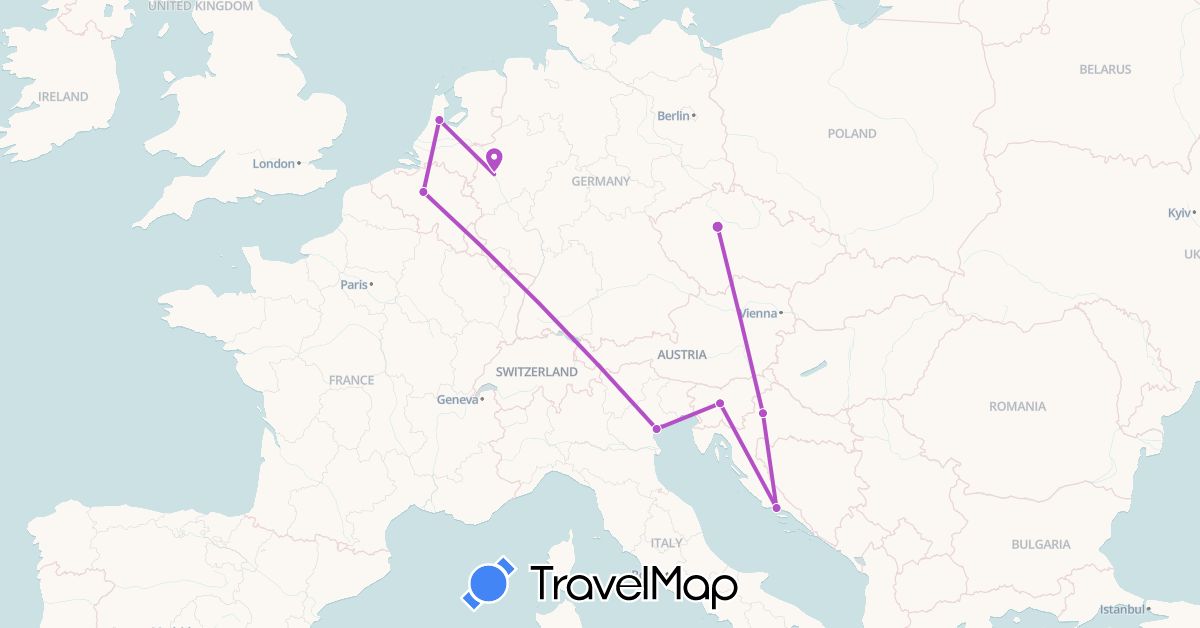 TravelMap itinerary: driving, train in Belgium, Czech Republic, Germany, Croatia, Italy, Netherlands, Slovenia (Europe)